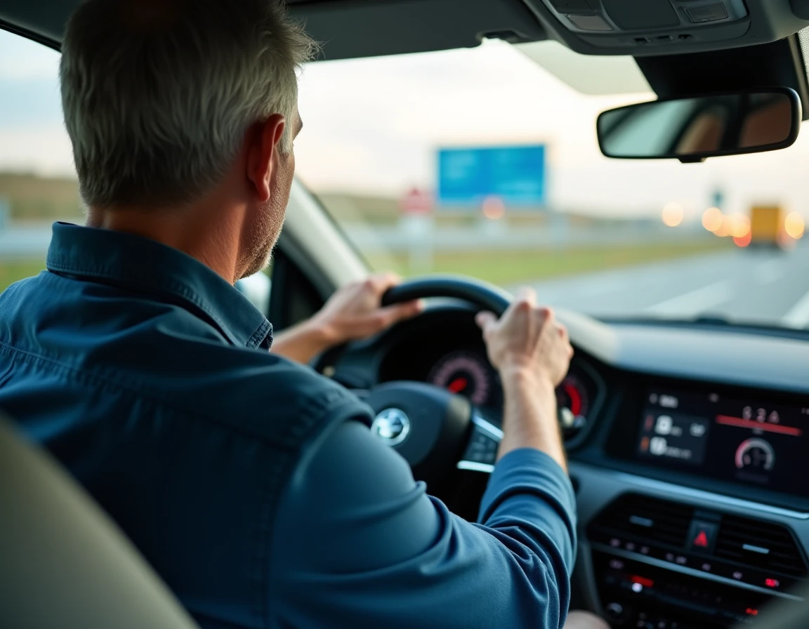 Conducteur consultant le tableau de bord affichant la vitesse en mph et km/h sur une autoroute