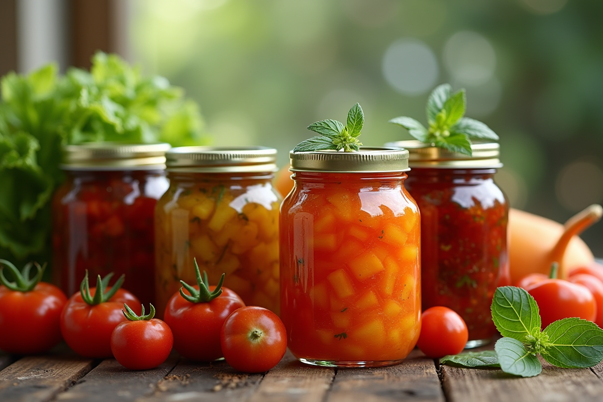 Table rustique avec bocaux de légumes en conserve et légumes frais