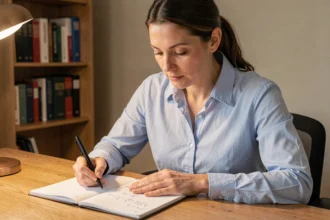 Femme concentrée effectuant une conversion en centième dans un cahier à son bureau à domicile