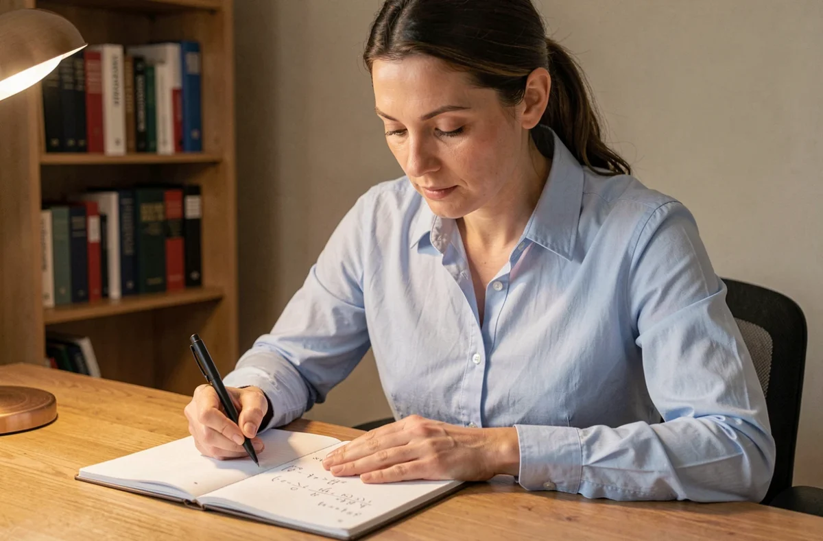 Femme concentrée effectuant une conversion en centième dans un cahier à son bureau à domicile