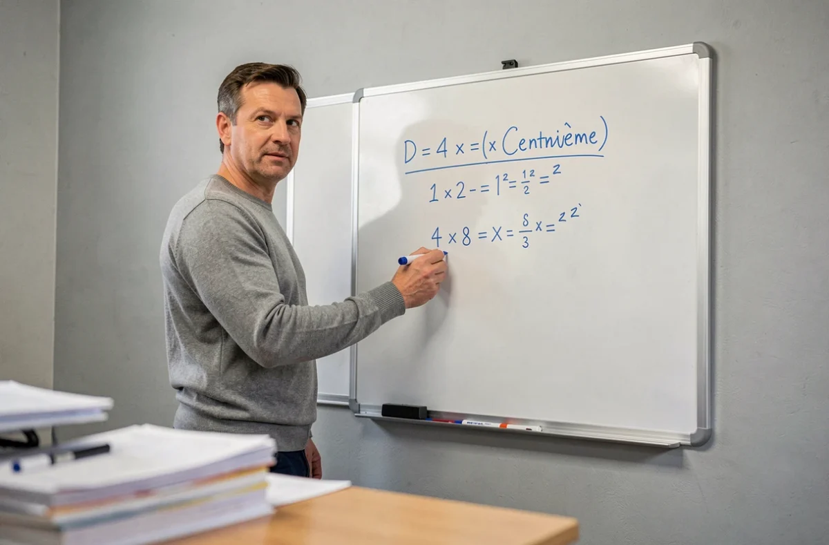 Homme écrivant des formules de conversion en centième sur un tableau blanc dans une salle de cours