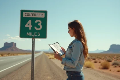 Femme consultant un carnet de conversion miles en kilomètres devant un panneau routier américain dans un paysage désertique