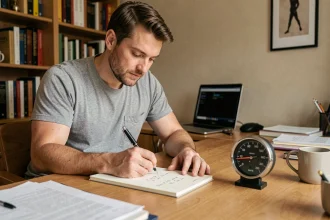 Homme notant une formule de conversion miles par heure en kilomètres par heure sur un carnet dans un bureau à domicile