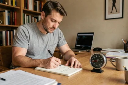 Homme notant une formule de conversion miles par heure en kilomètres par heure sur un carnet dans un bureau à domicile