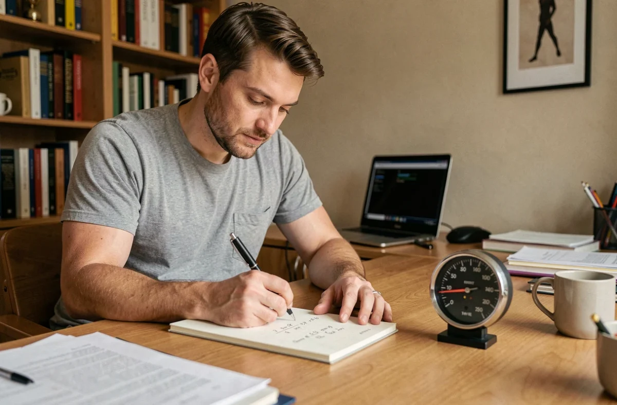 Homme notant une formule de conversion miles par heure en kilomètres par heure sur un carnet dans un bureau à domicile