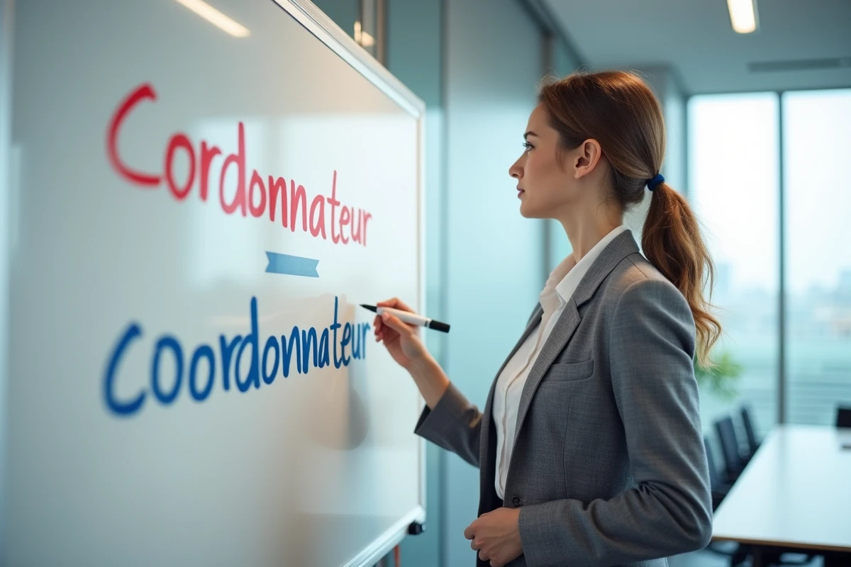 Femme professionnelle expliquant la différence orthographique entre coordonnateur et coordinateur sur un tableau blanc dans une salle de réunion moderne