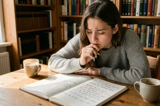 Jeune femme corrigeant des phrases en français dans un carnet de notes posé sur un bureau en bois