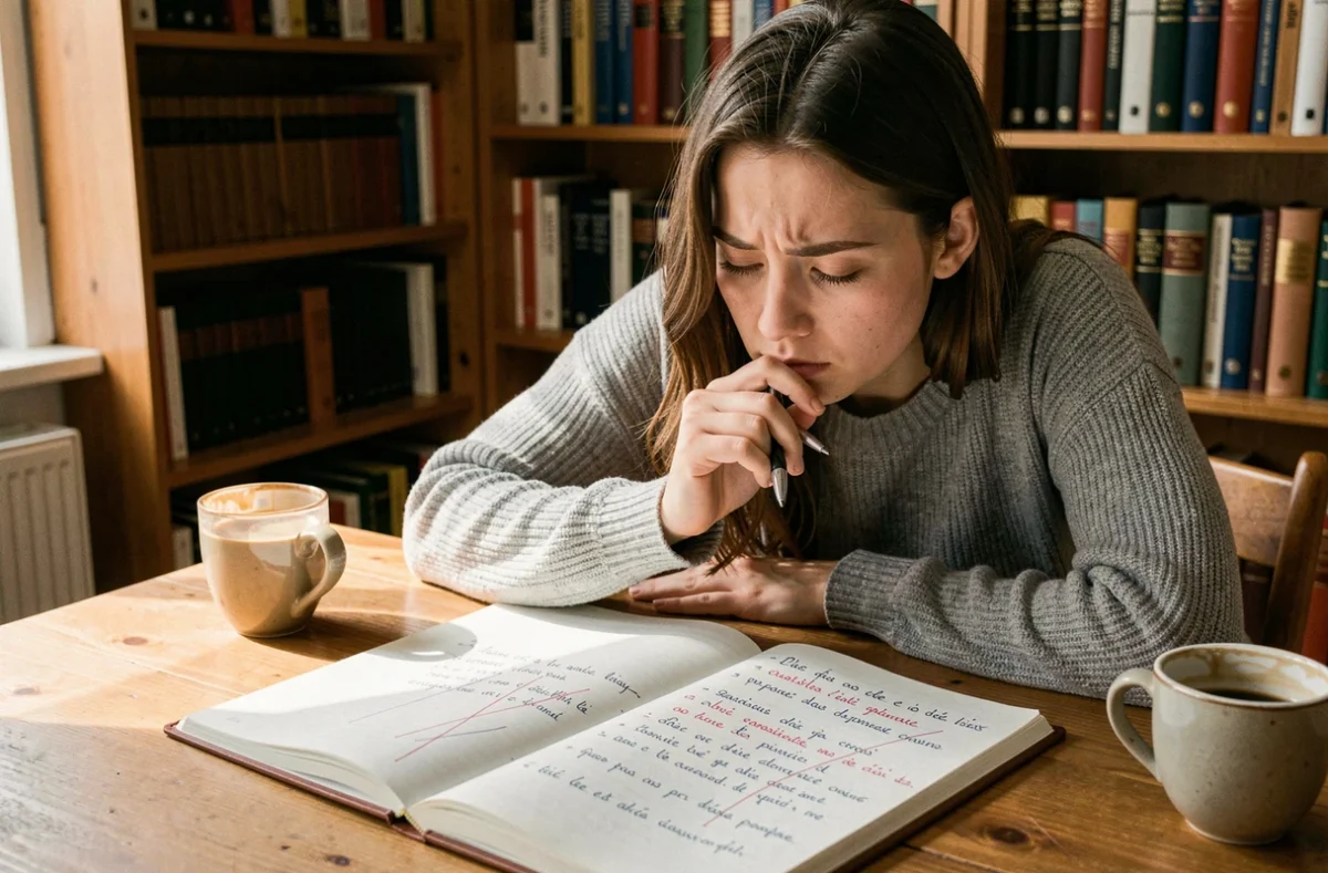 Jeune femme corrigeant des phrases en français dans un carnet de notes posé sur un bureau en bois