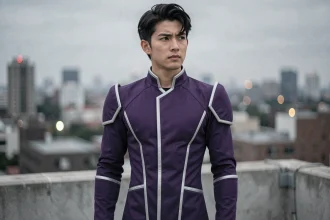 Cosplayer en costume de Hit de Dragon Ball Super sur un toit urbain, rendu hyper-réaliste en plan trois-quarts