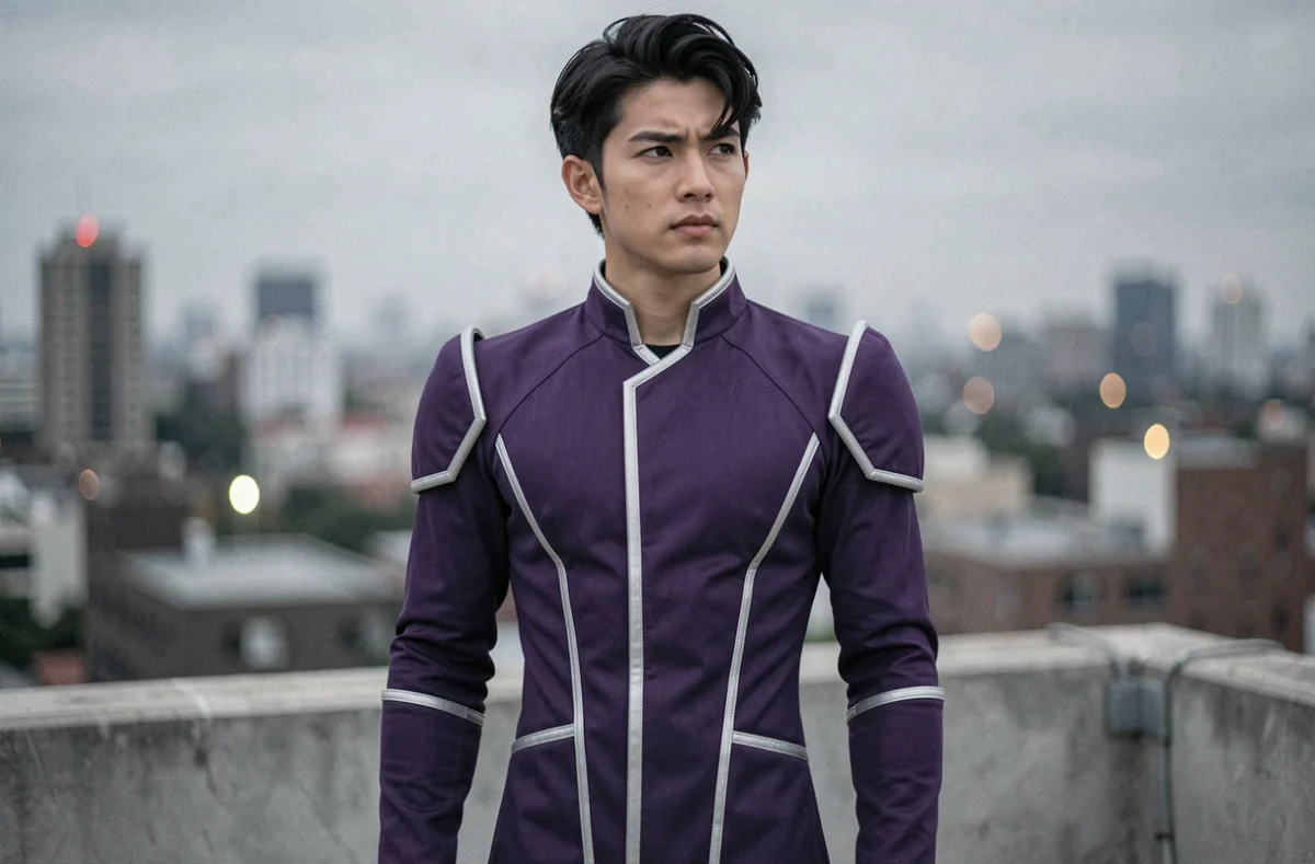 Cosplayer en costume de Hit de Dragon Ball Super sur un toit urbain, rendu hyper-réaliste en plan trois-quarts