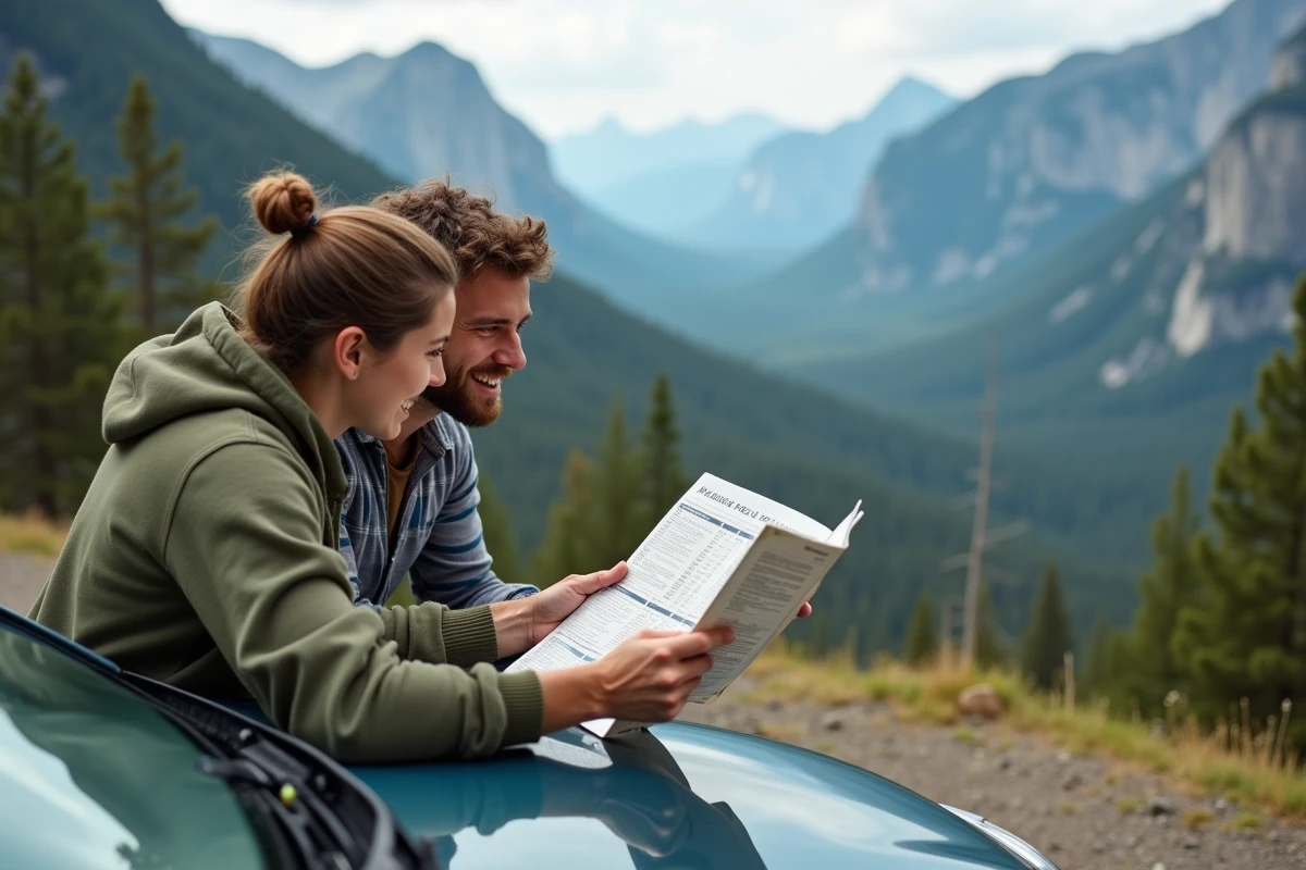 Couple consultant un guide de voyage avec tableau de conversion miles en kilomètres appuyé sur une voiture de location dans un parc national américain