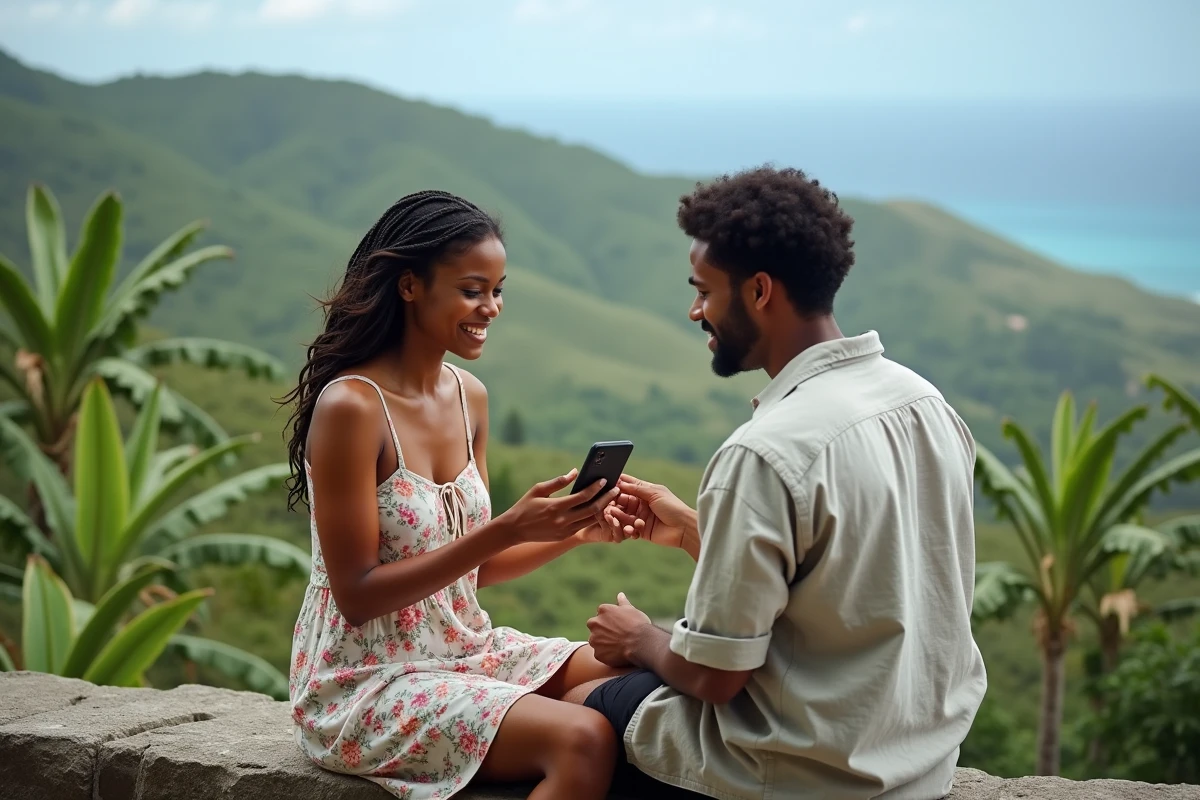 Couple de voyageurs vérifiant le fuseau horaire de la Guadeloupe sur smartphone face à un paysage tropical