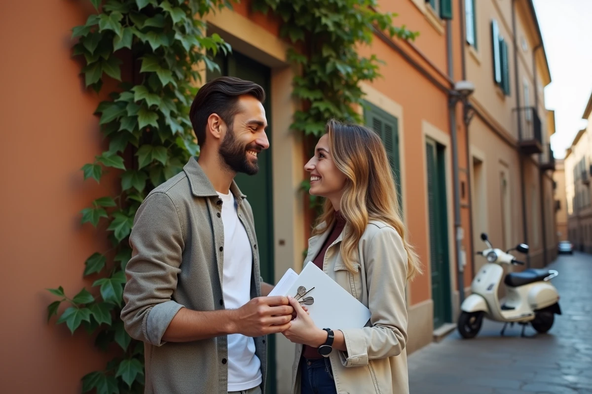 Couple souriant devant un immeuble romain tenant les clés de leur nouvelle location immobilière en Italie