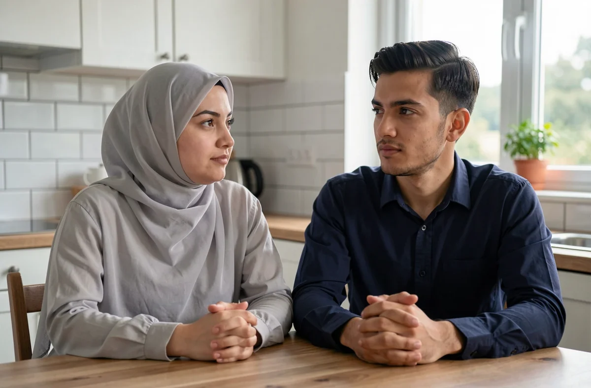 Couple musulman assis à une table, en réflexion calme avant de réciter la douaa istikhara pour une décision commune