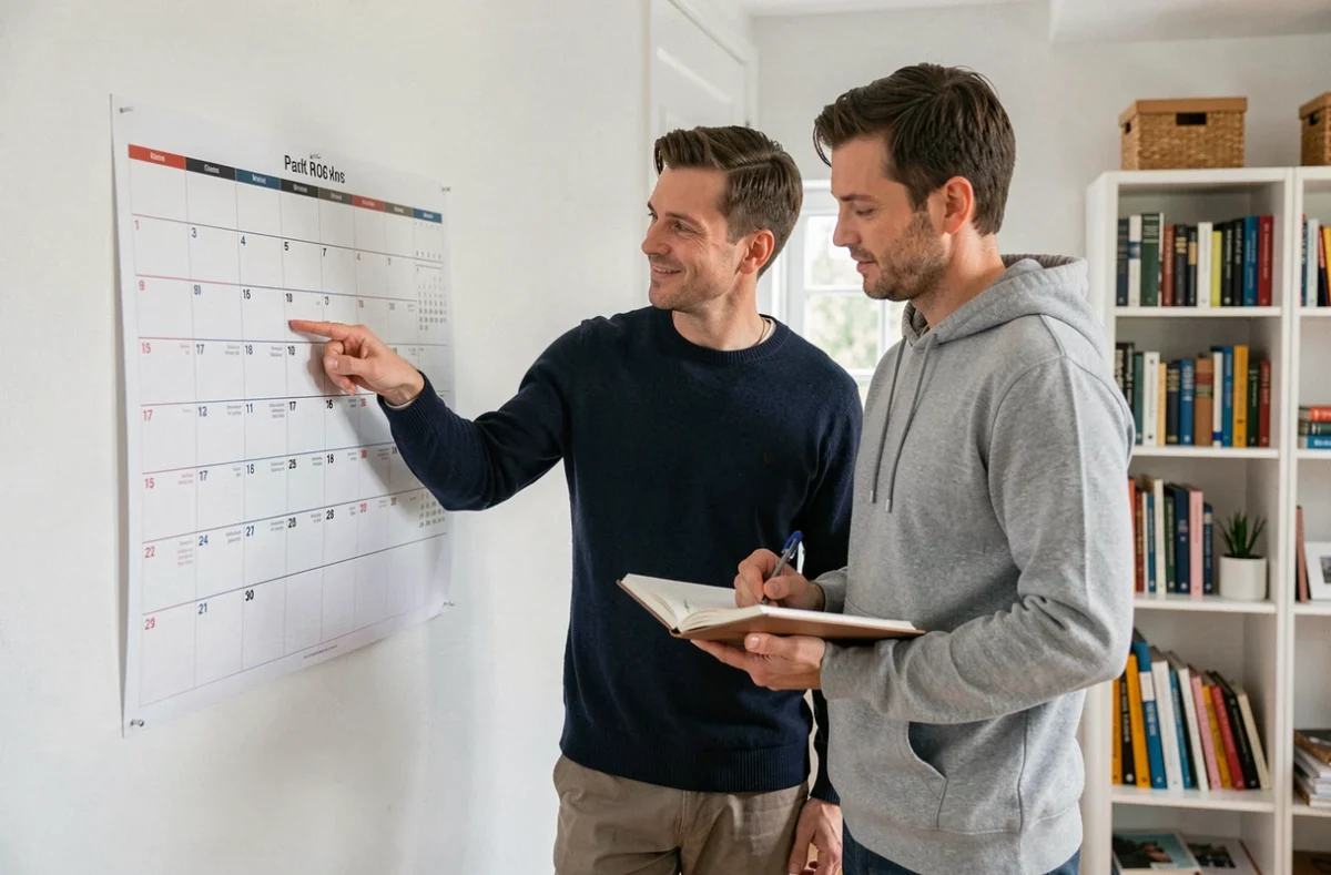 Couple organisant ses vacances et RTT en 2026 devant un calendrier annuel affiché au mur