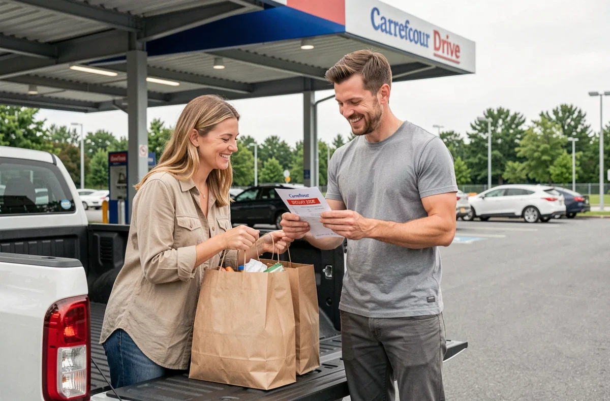 Couple récupérant leurs courses Carrefour Drive avec un bon de réduction personnalisé imprimé