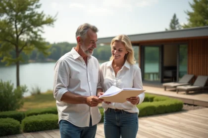Couple souriant regardant des documents immobiliers sur une terrasse