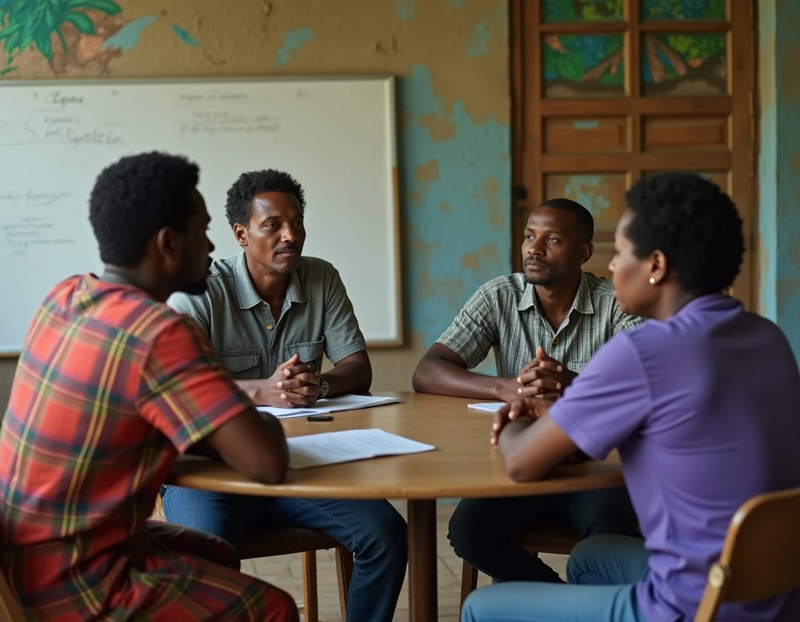 Réunion intergénérationnelle dans un espace communautaire caribéen pour débattre du respect et des limites du langage créole