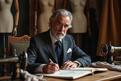 Designer mode homme en atelier avec croquis et tissus