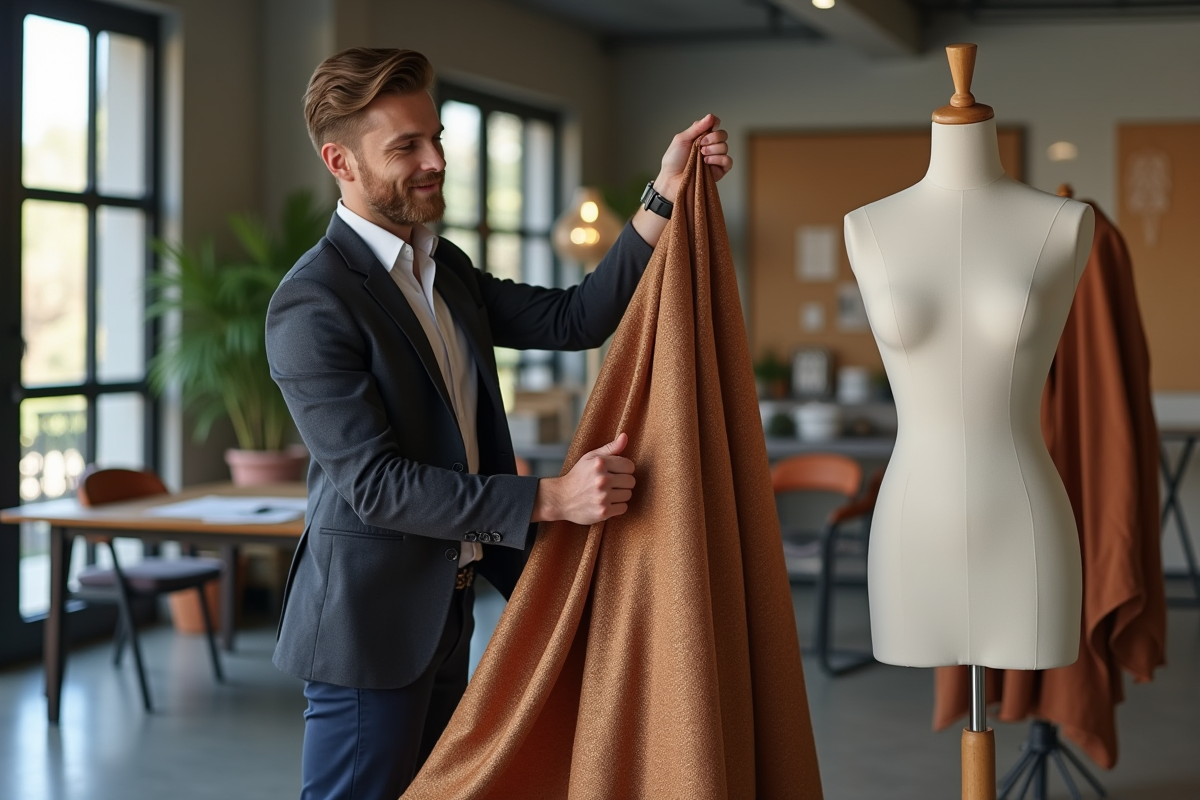 Jeune designer mode ajustant un tissu luxueux sur un mannequin