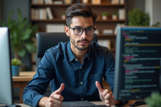 Jeune homme developpeur logiciel expliquant des diagrammes