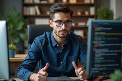 Jeune homme developpeur logiciel expliquant des diagrammes