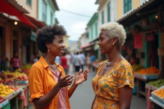 Deux femmes caribéennes en discussion animée sur un marché créole, illustrant la tension entre expression culturelle et respect