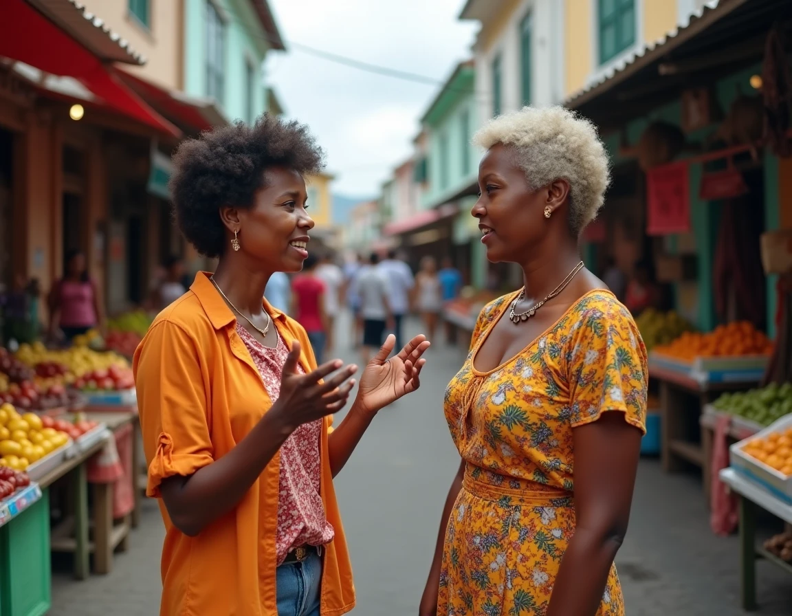 Deux femmes caribéennes en discussion animée sur un marché créole, illustrant la tension entre expression culturelle et respect