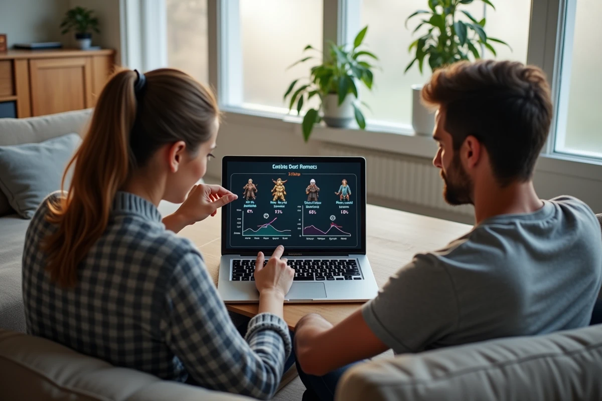 Deux joueurs discutant d'une stratégie pour monter rapidement un mineur dans Dofus 3 en identifiant les meilleurs spots cachés sur un ordinateur portable
