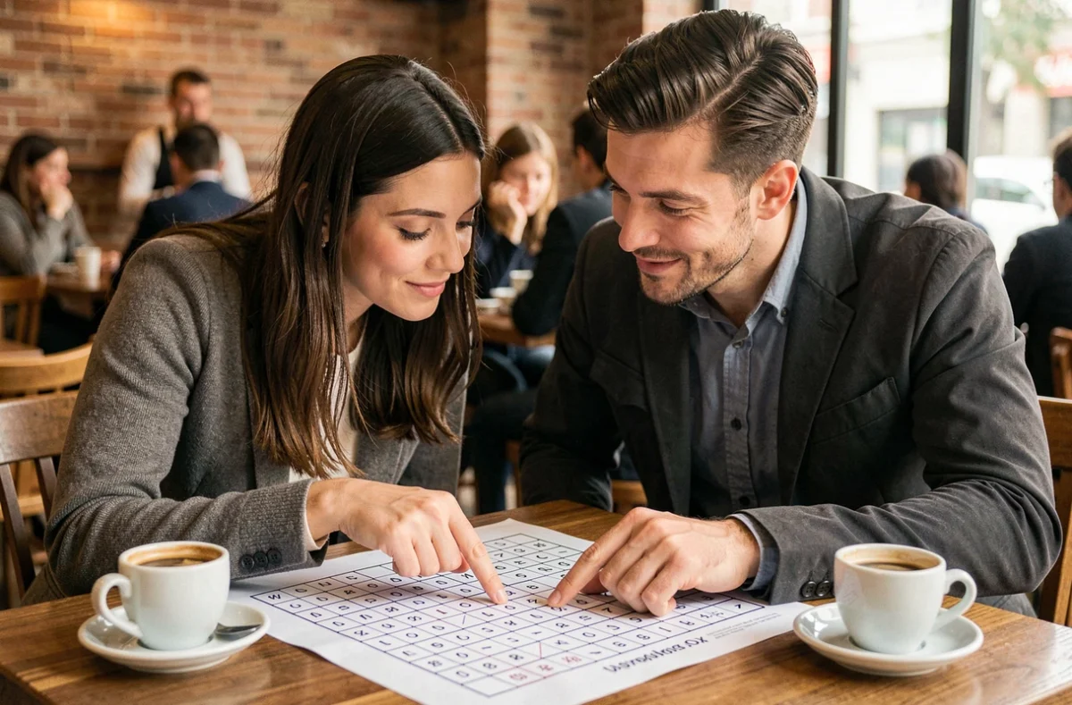 Deux amis collaborant sur une grille de sudoku dans un café pour stimuler leur intelligence