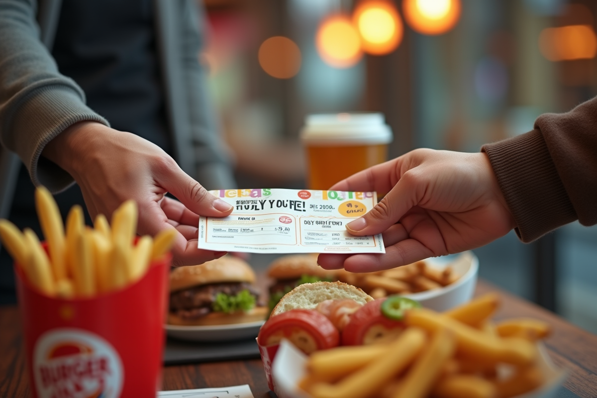 Mains échangeant bons vacances et ticket chez Burger King