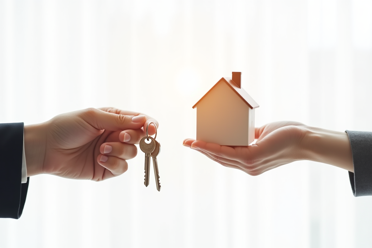 Deux mains échangeant des clés et une maison miniature