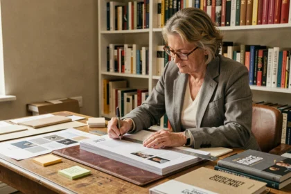 Éditrice mesurant des manuscrits imprimés avec une règle métallique dans un bureau éditorial parisien, entouré de maquettes et de formats de livres variés