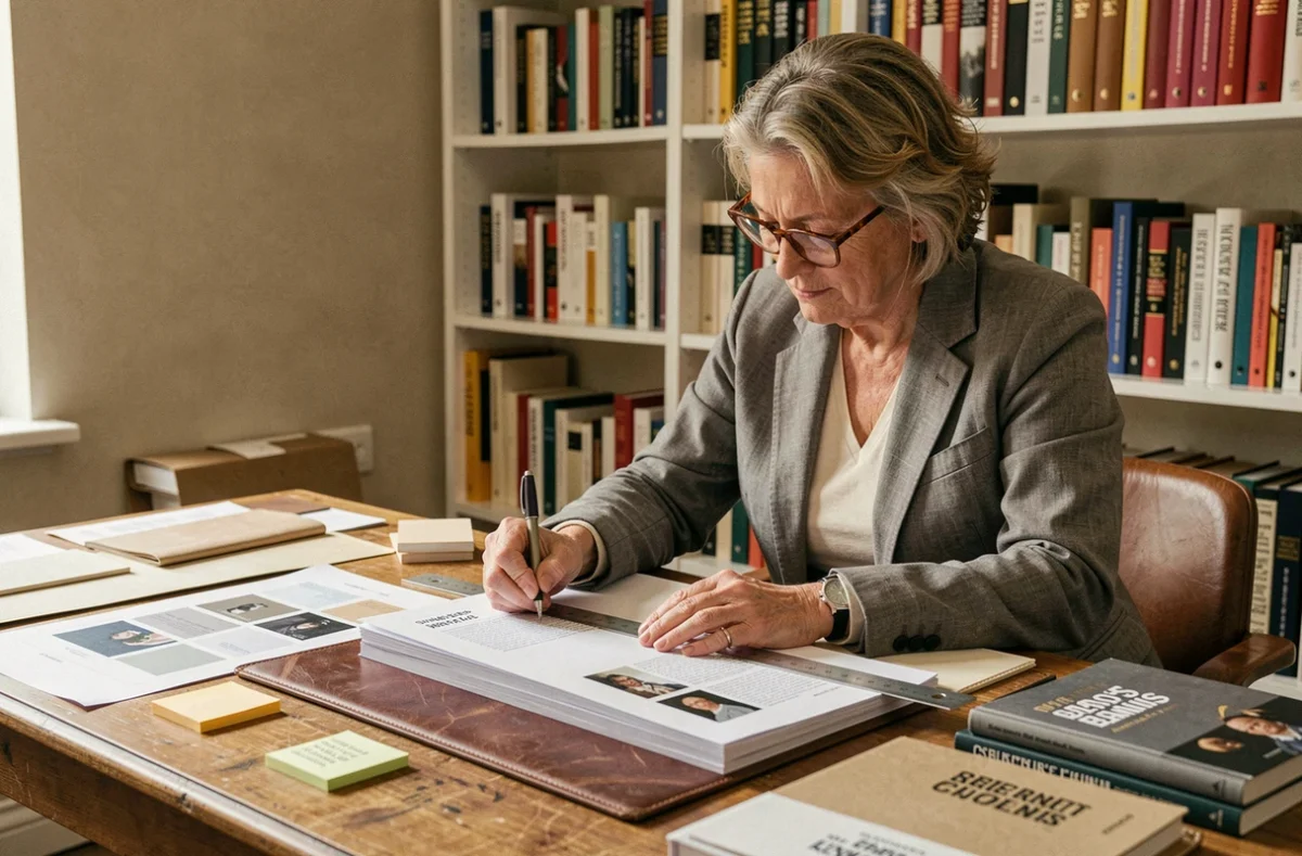 Éditrice mesurant des manuscrits imprimés avec une règle métallique dans un bureau éditorial parisien, entouré de maquettes et de formats de livres variés