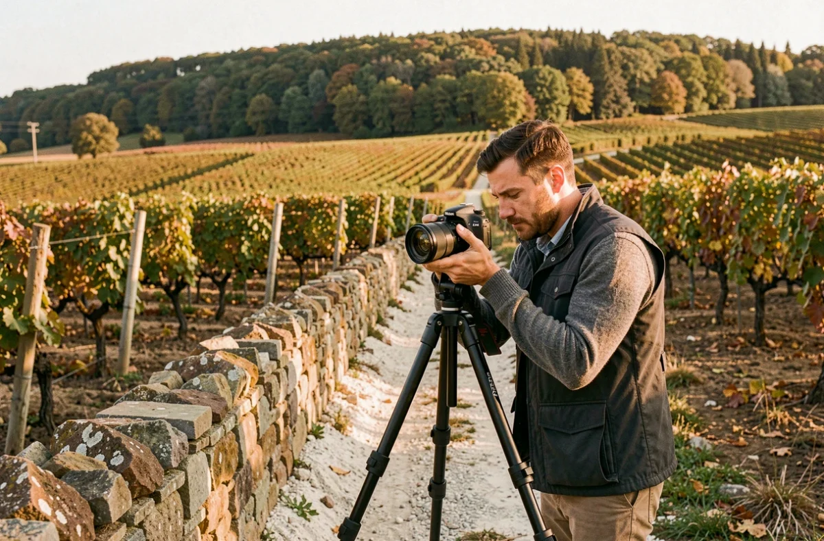 Photographe Ekphoto installant son trépied dans un vignoble de la Côte-d'Or avec des rangées de vignes en arrière-plan