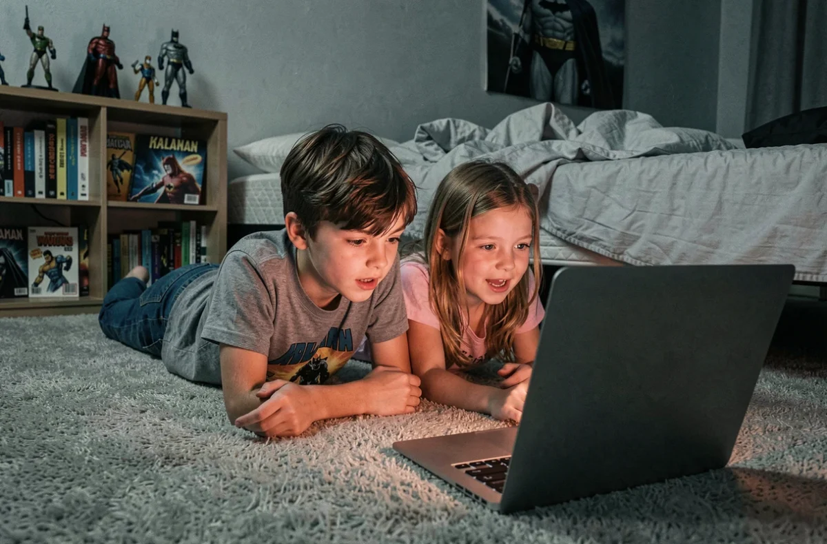 Deux enfants allongés sur le sol regardant le catalogue des films Batman sur un ordinateur portable