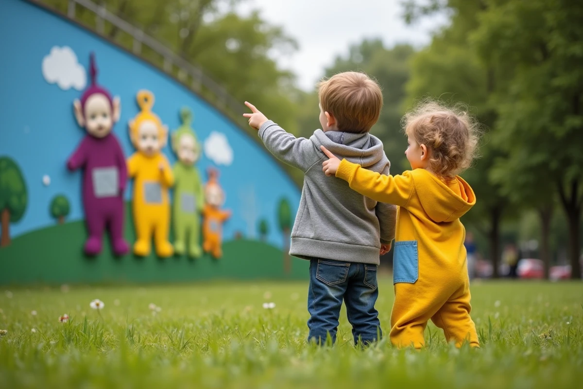 Deux enfants pointant un mural Teletubbies dans un parc