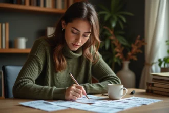 Jeune femme étudiant le vocabulaire français avec des fiches de mots sur un bureau en bois dans un bureau à domicile