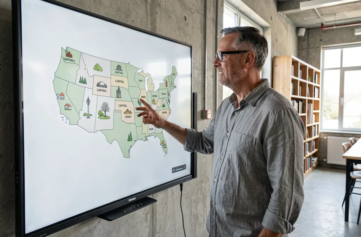 Homme enseignant les capitales américaines devant un tableau numérique interactif avec une carte des États-Unis