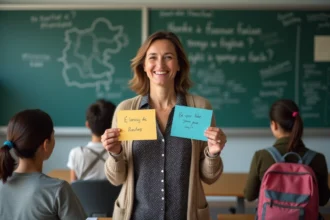 Professeure souriante en classe avec carte énigme