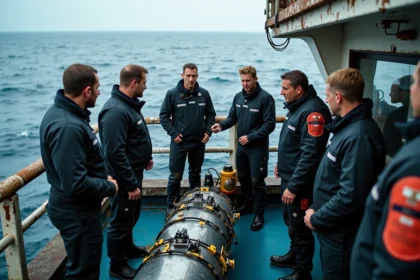 Équipe de scientifiques marins autour d'un submersible en mer