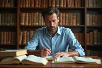 Homme étudiant l'étymologie des mots dans une bibliothèque universitaire, entouré de dictionnaires et de notes manuscrites sur le bureau