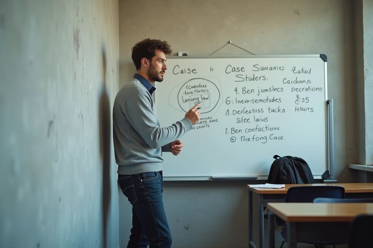 Étudiant en droit expliquant les erreurs courantes sur l'arrêt Perdereau devant un tableau blanc dans une salle de séminaire