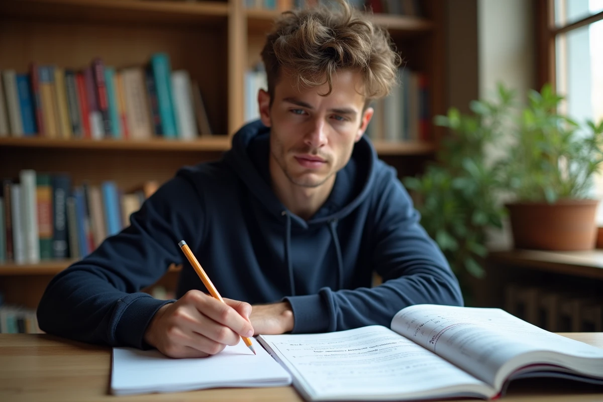 Étudiant en physique calculant le travail d'une force avec la formule force-déplacement dans une bibliothèque universitaire