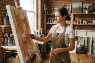 Étudiante en arts plastiques travaillant sur une grande toile dans un atelier de peinture d'une école artistique régionale