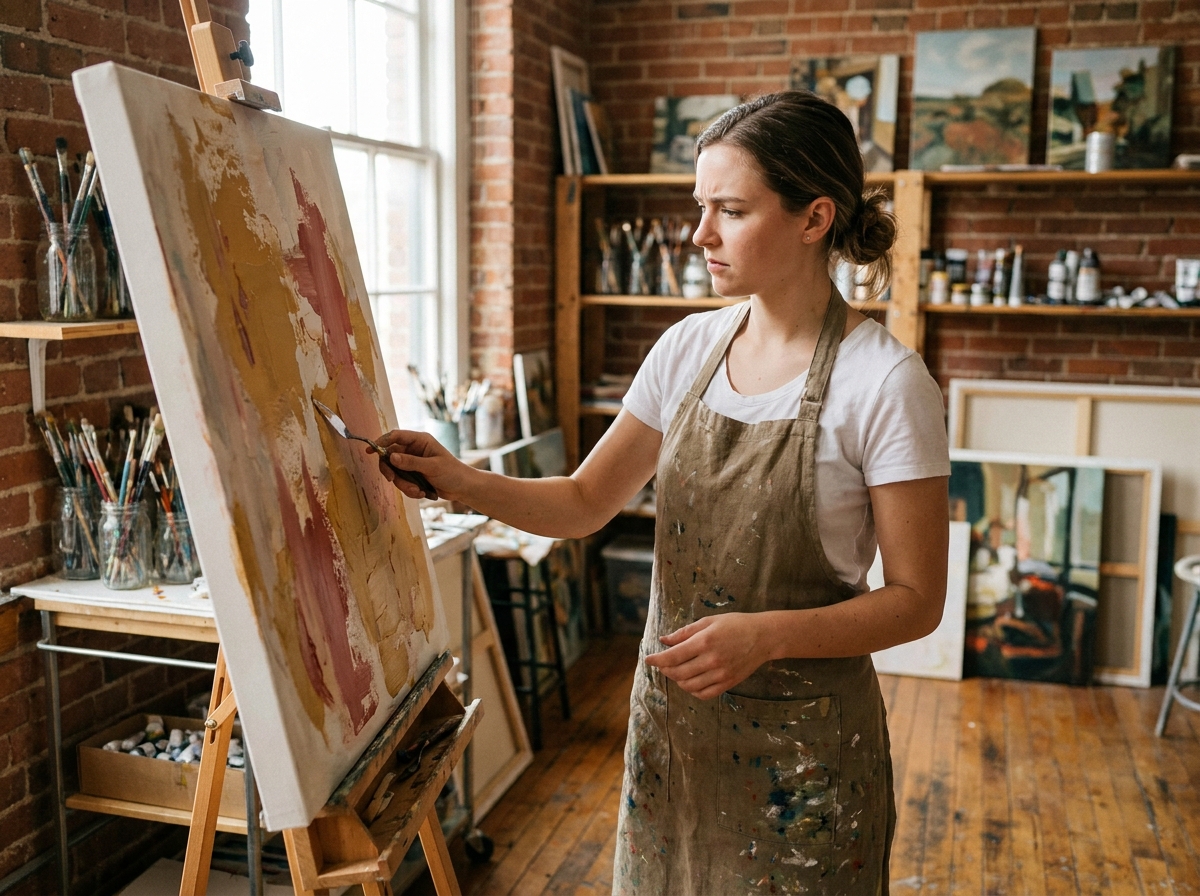 Étudiante en arts plastiques travaillant sur une grande toile dans un atelier de peinture d'une école artistique régionale