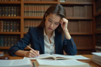 Étudiante en droit consultant un arrêt juridique dans une bibliothèque universitaire, entourée de manuels de droit civil