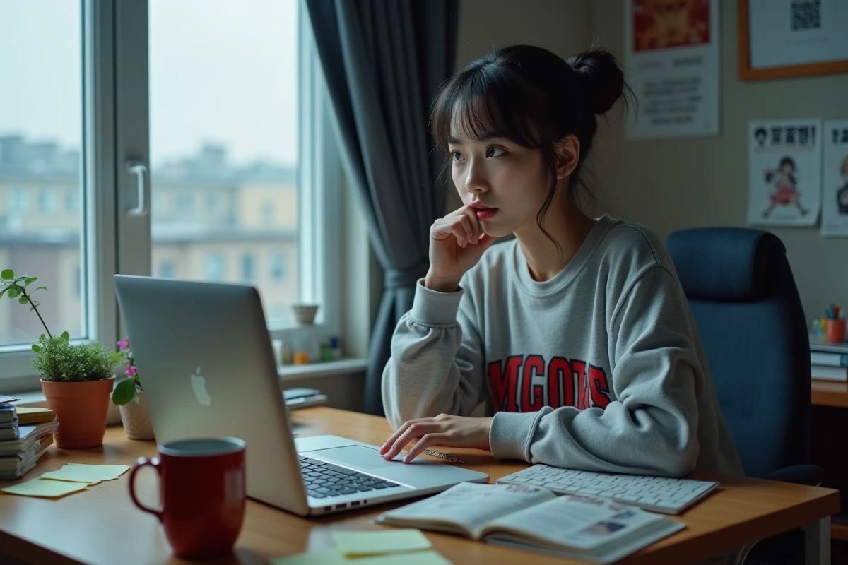 Étudiante française découvrant le scan VF de Solo Leveling sur ordinateur portable dans sa chambre d'université avec des affiches manga