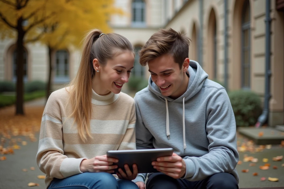 Deux étudiants découvrant ensemble un jeu de vocabulaire français sur tablette dans une cour d'université en automne
