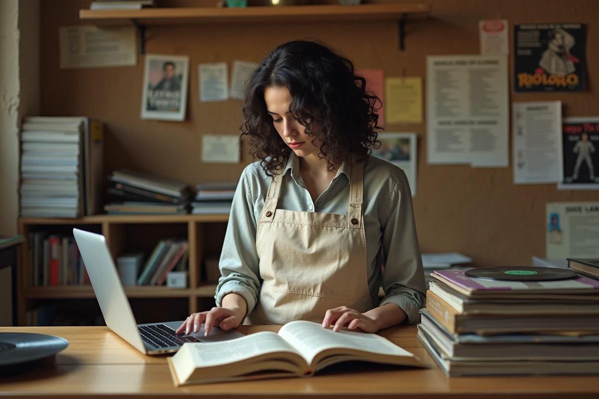 Experte en estimation évaluant des vinyles rares avec un guide de prix dans un bureau de collection